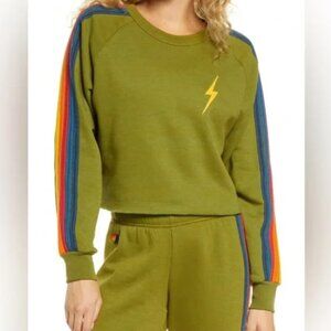 Aviator Nation Bolt Embroidery Classic Cropped Crew Sweatshirt - Green